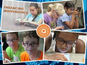 A collage of pictures showing students using their technology. The text, "enhancing independence" can be seen, with the Alphapointe logo