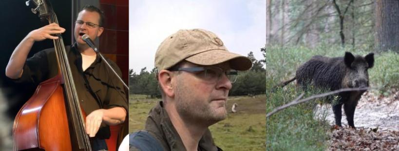 Meet Gert-Jan van Barneveld.
Three images showing Gert-Jan singing and playing bass, Gert-Jan walking in nature, and a photo Gert-Jan took of a wild boar.