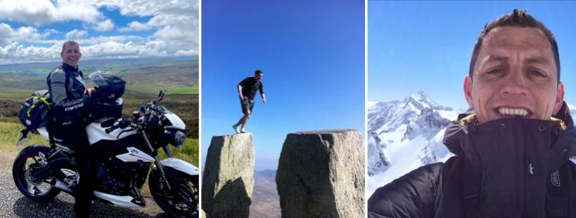 Three images of James Fossey. From left to right, the first is James on a motorcycle, the second is James jumping from one large bolder to another, the third is James wearing a jacket with snow covered mountains in the background.