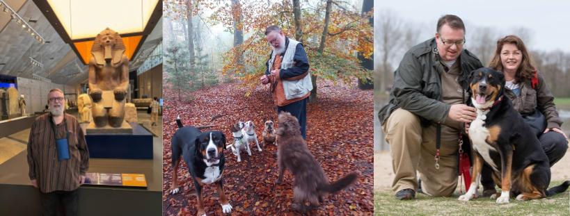 Three images of Jim. From left to right, the first is Jim Pors at the Grand Egyptian Museum 2025, the second is Jim and five dogs in a park, and the third is Jim and his wife with their dog Luxor.
