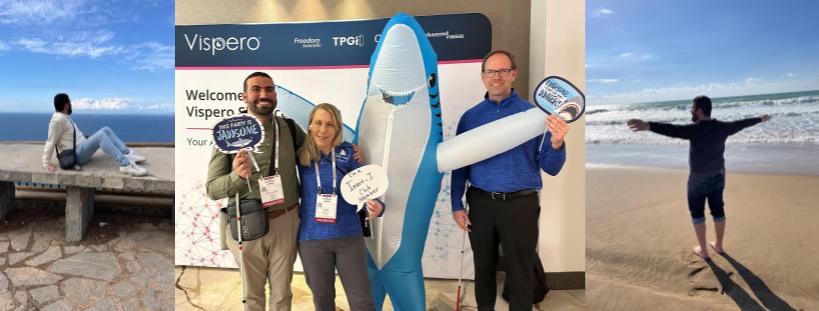 Three images of Mohammed. From left to right, the first is Mohammed in Switzerland sitting on a large bench, the second is Mohammed with Rachel, Sharky, and Ryan at the CSUN 2025 conference, and the third is Mohammed in Morocco enjoying the beach.