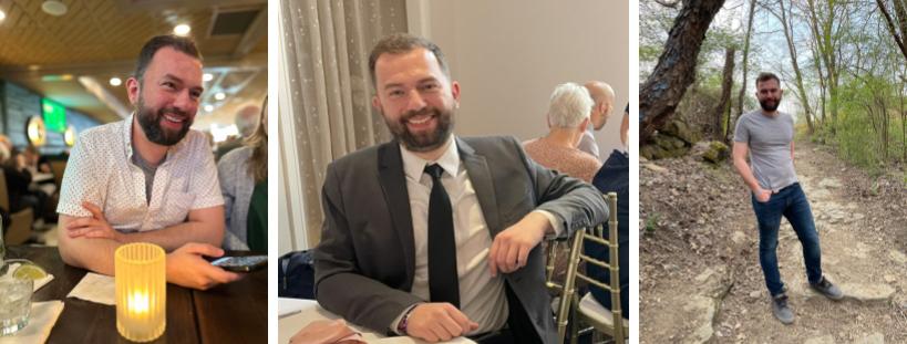 3 pictures; Anthony in a restaurant, smiling,  Anthony sitting at a table at a formal event wearing a suit and tie, Anthony standing outside on a trail surrounded by trees.