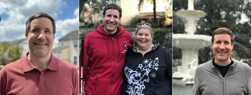 3 images; Justin wearing a red shirt and smiling, standing outside with blue sky and clouds behind him; Justin and his wife at Disneyland wearing sweatshirts featuring Mickey Mouse; Justin standing in front of a large, white, water fountain with two tiers.