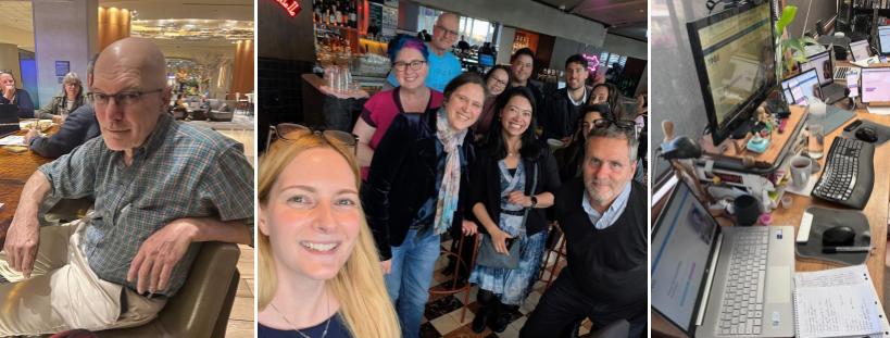 3 images; Ricky relaxing at CSUN 2024, Ricky and friends at post-UX Australia conference drinks, and Ricky’s home office with 15 devices for accessibility testing.